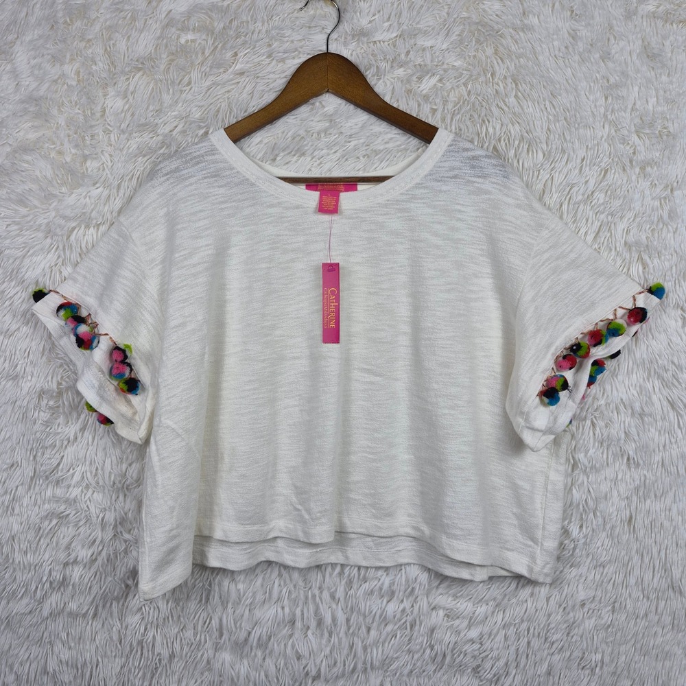 Catherine Malandrino White Slub Knit Pom Pom Trim Crop Top Womens Large Whimsy
